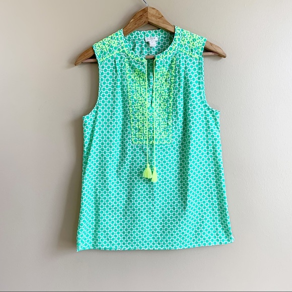 J. CREW lime embroidered top sleeveless neon green boho tassels size 0 preppy - Picture 2 of 9